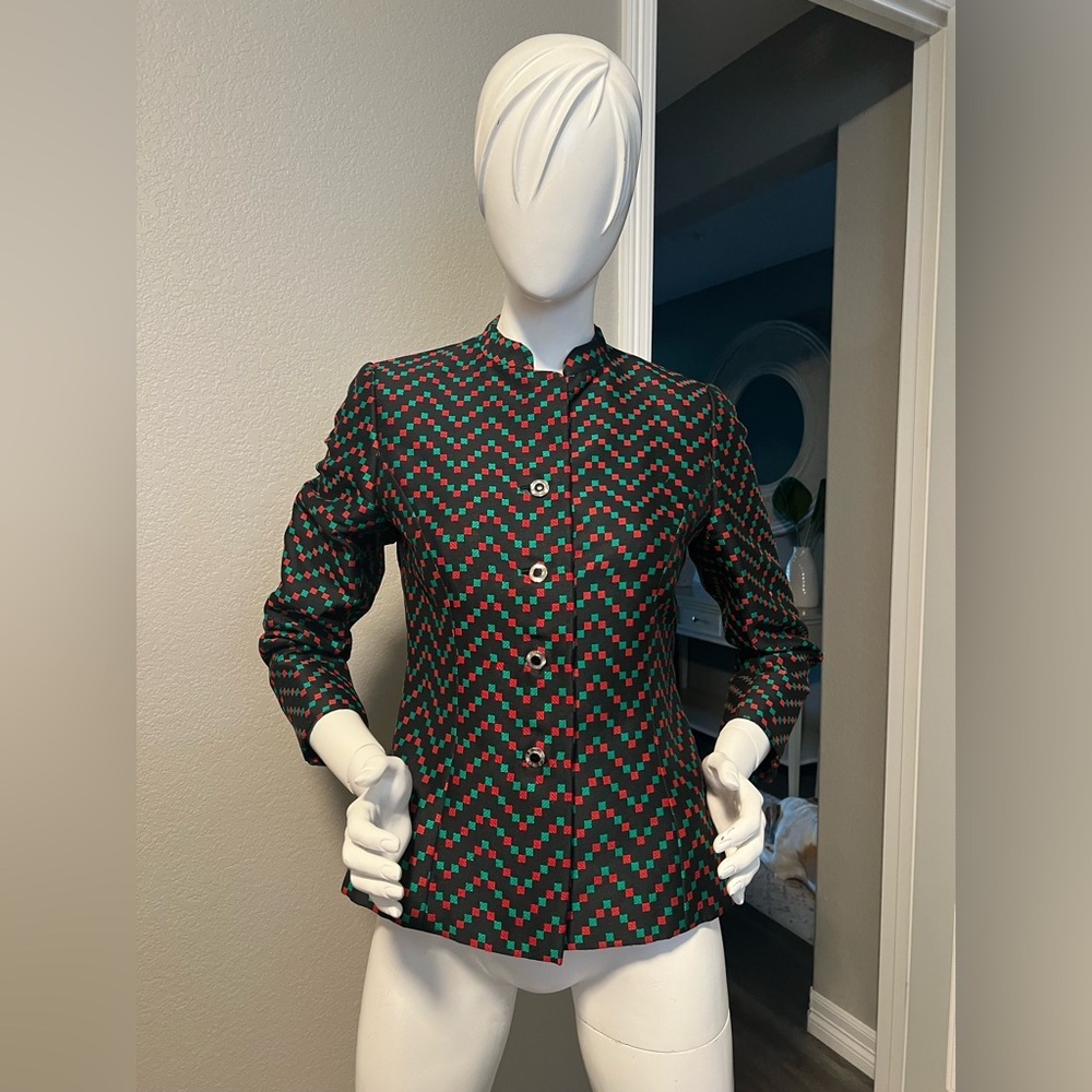 Adele Simpson jacket geometric pattern of red and green squares